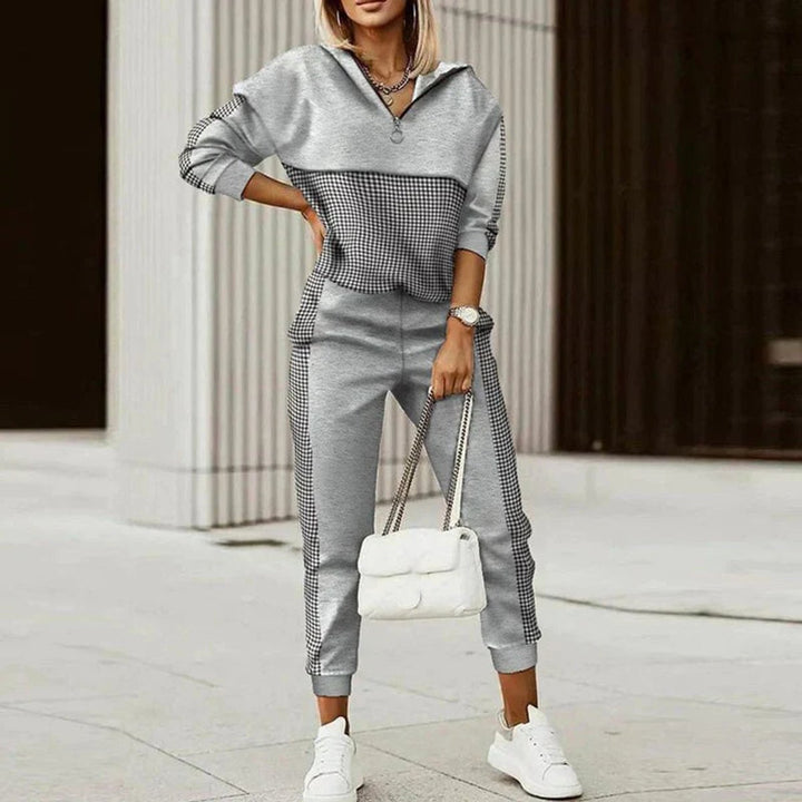Womens Jumper Half-Zip Hoodie Joggers Two-Piece Athleisure Set - Grey