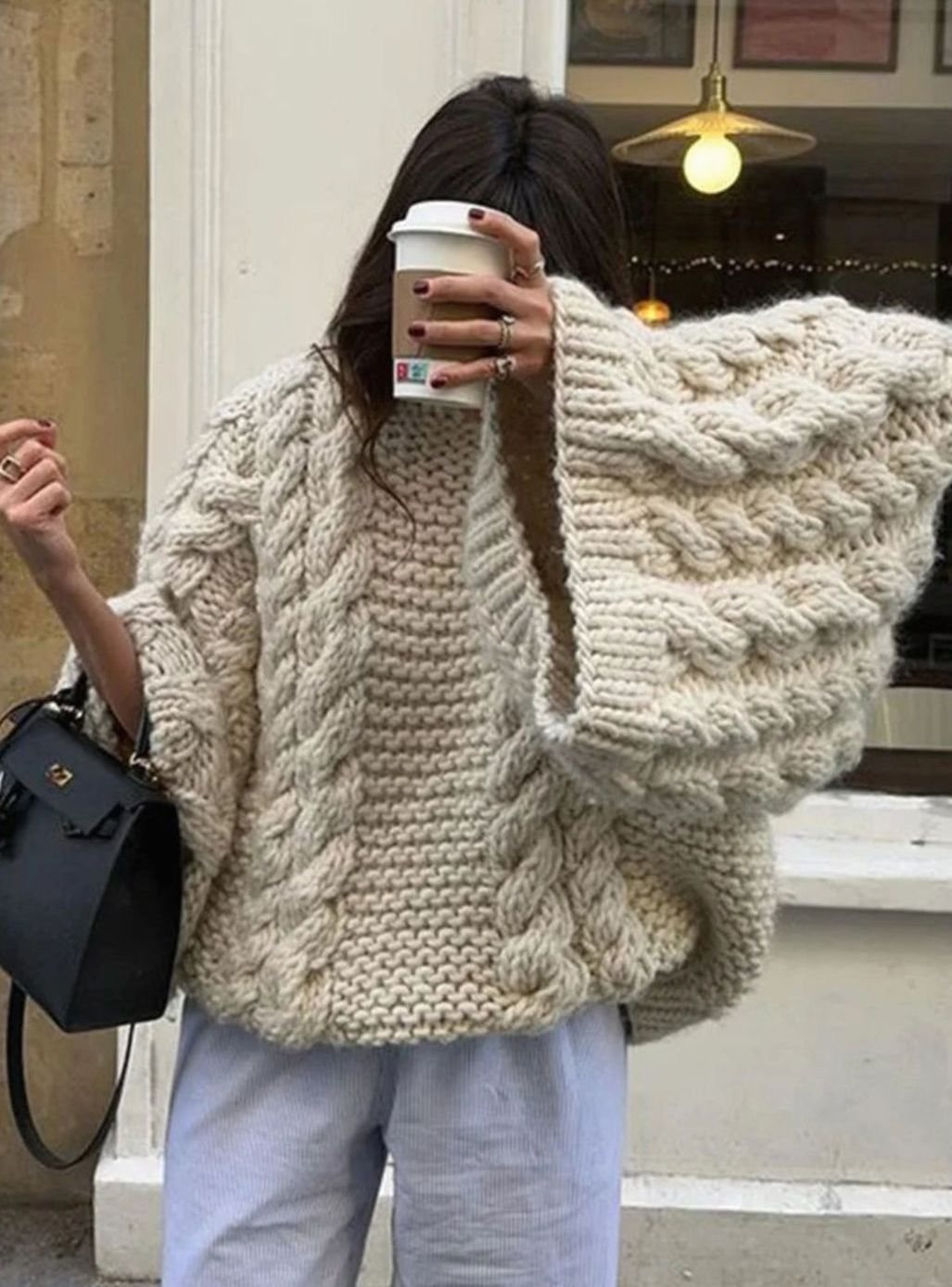 Womens Jumper Oversized Chunky Knit Cable Pullover - White