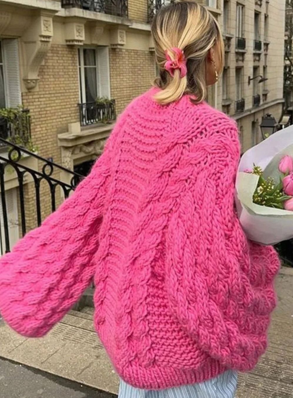 Womens Jumper Oversized Chunky Knit Cable Pullover - Pink