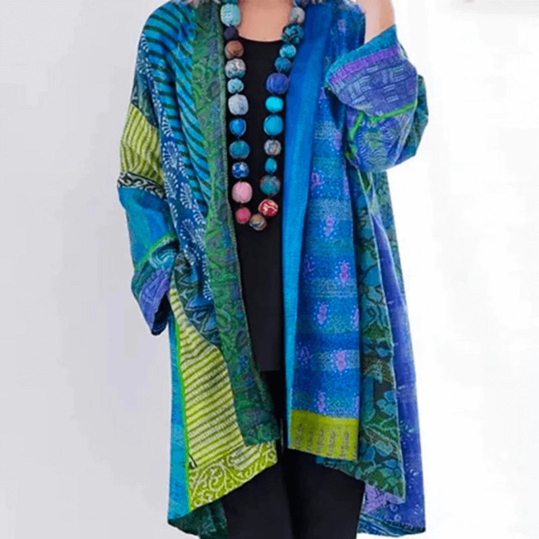 Womens Jumper Patchwork Open-Front Longline Cardigan - Blue