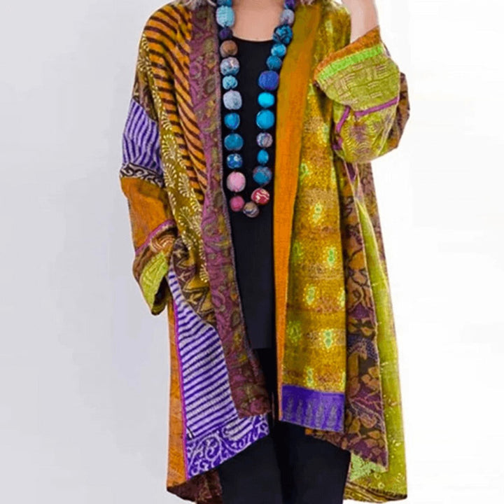 Womens Jumper Patchwork Open-Front Longline Cardigan - Yellow