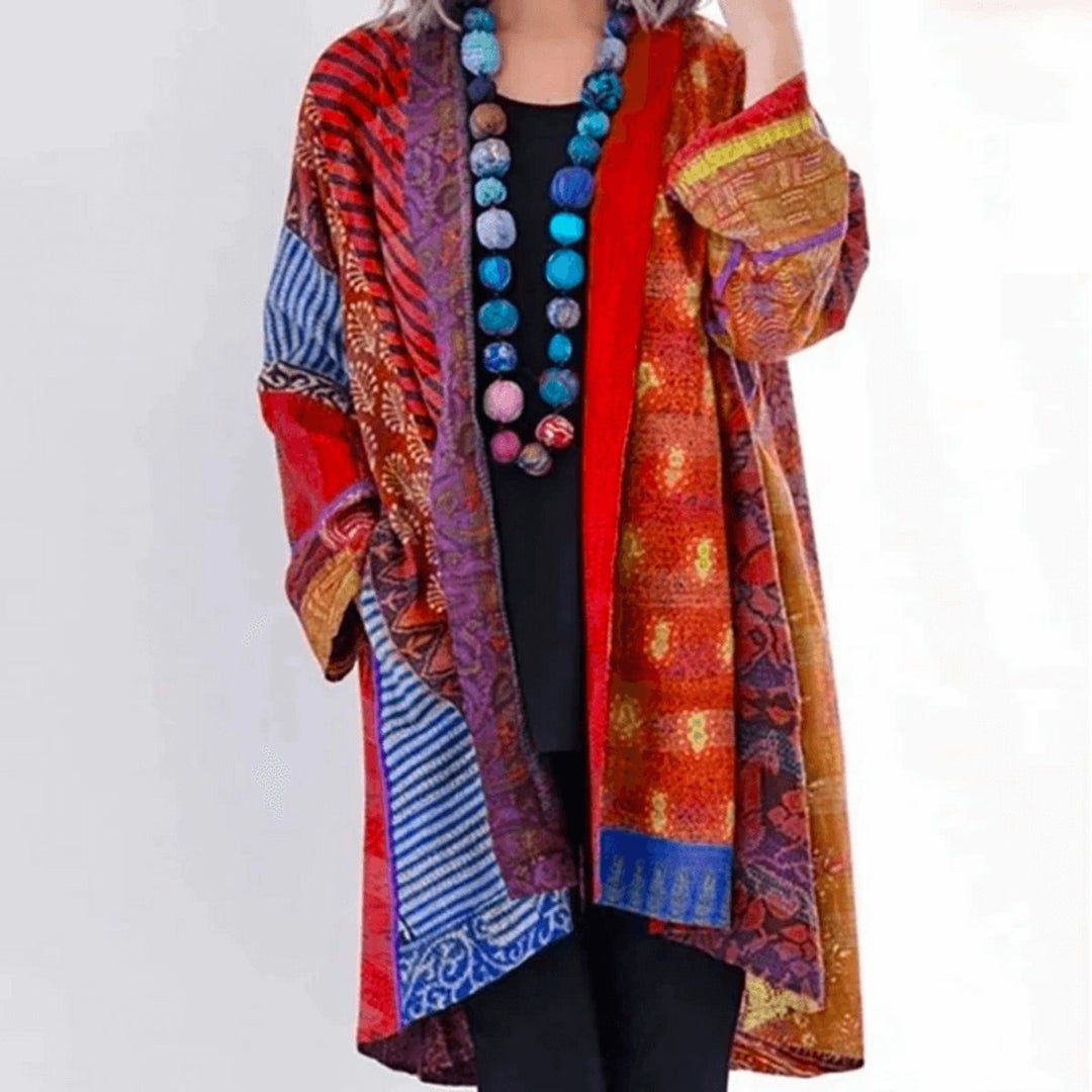Womens Jumper Patchwork Open-Front Longline Cardigan - Red
