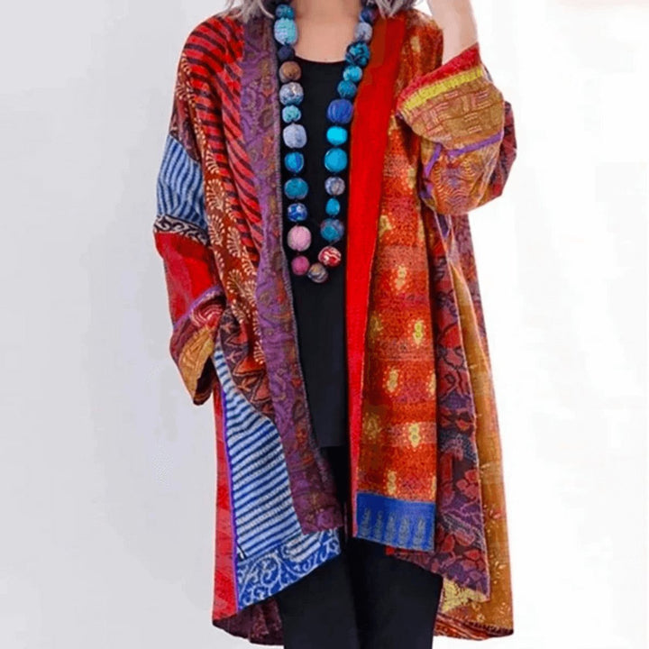 Womens Jumper Patchwork Open-Front Longline Cardigan - Red