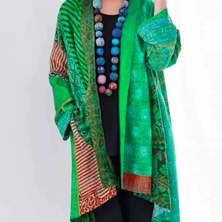 Womens Jumper Patchwork Open-Front Longline Cardigan - Green