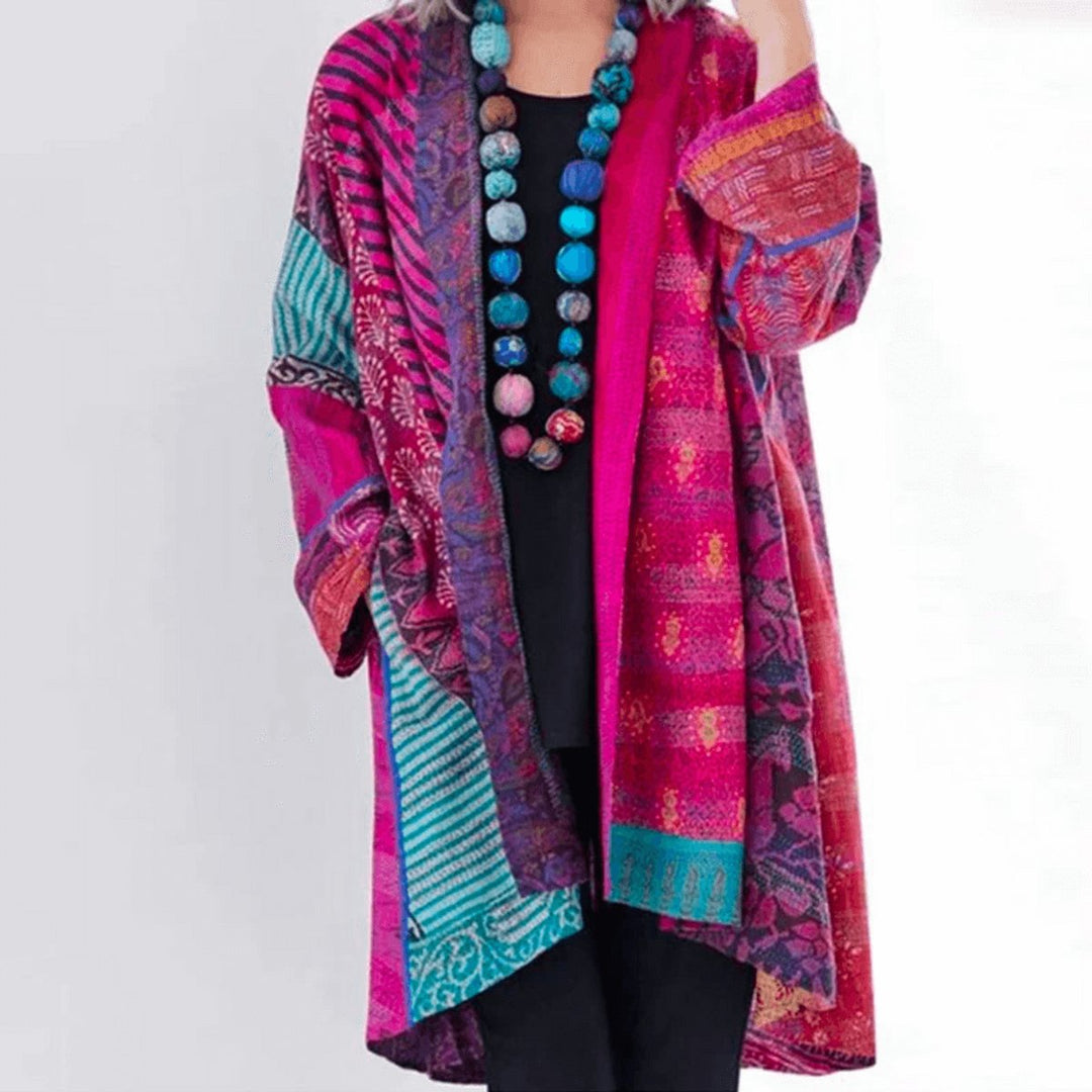 Womens Jumper Patchwork Open-Front Longline Cardigan - Pink