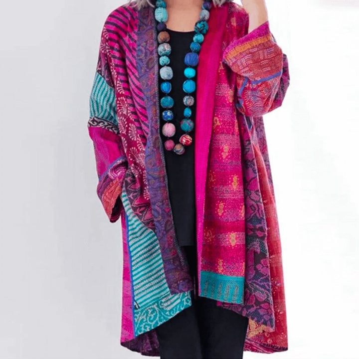 Womens Jumper Patchwork Open-Front Longline Cardigan - Pink