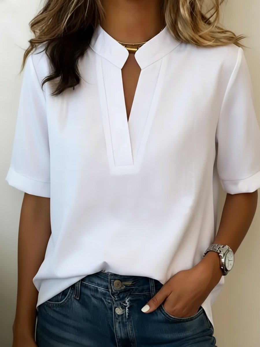 Women's Jumper Relaxed-Fit Short-Sleeve V-Neck Blouse Top - White