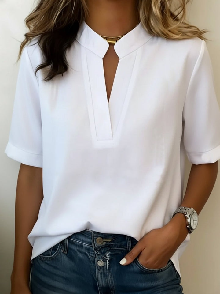 Women's Jumper Relaxed-Fit Short-Sleeve V-Neck Blouse Top - White