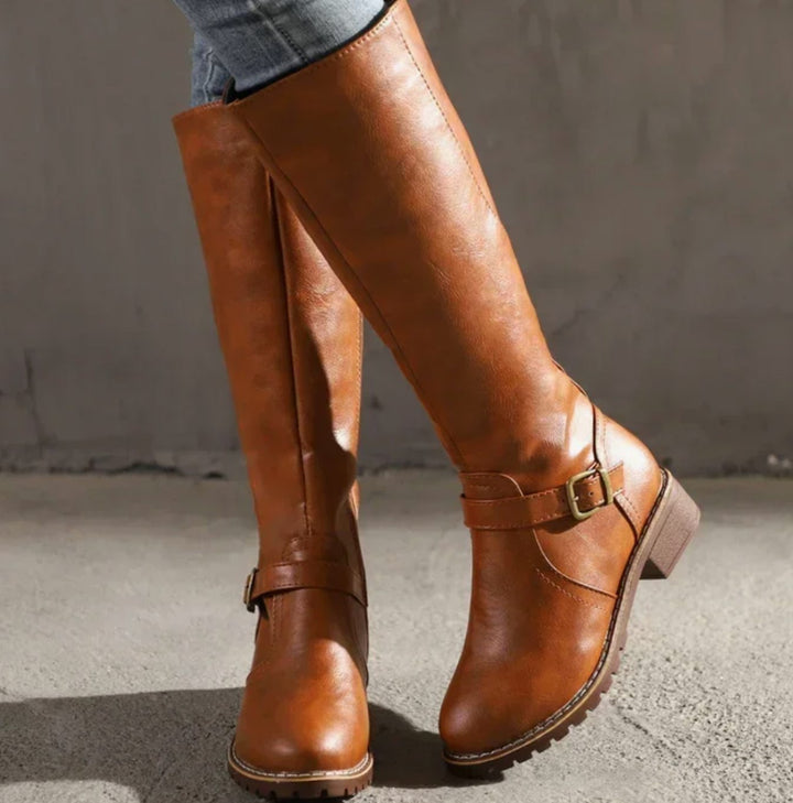 Women's Knee-High Buckle-Strap Riding Leather Boots - Brown