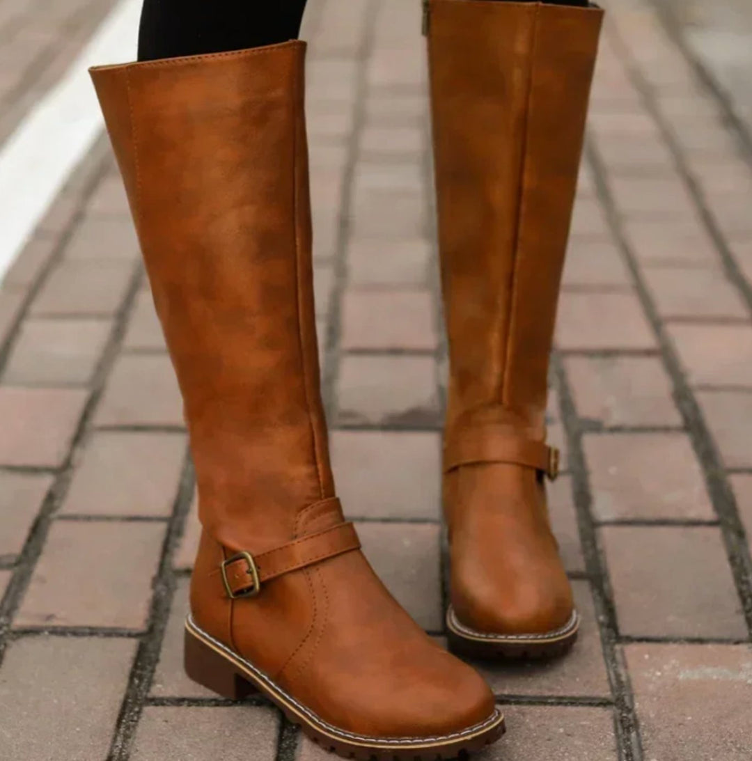 Women's Knee-High Buckle-Strap Riding Leather Boots