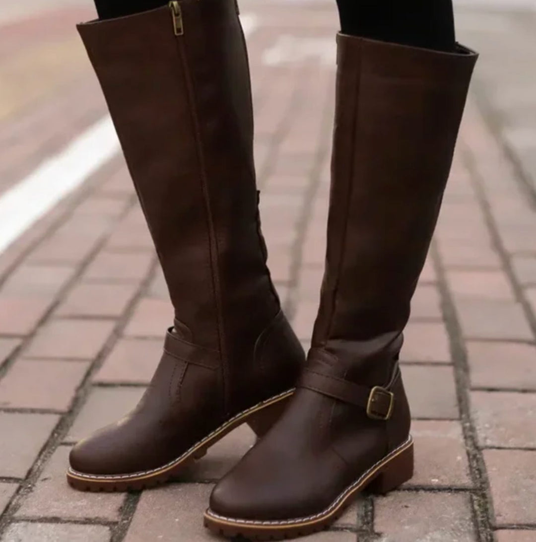 Women's Knee-High Buckle-Strap Riding Leather Boots