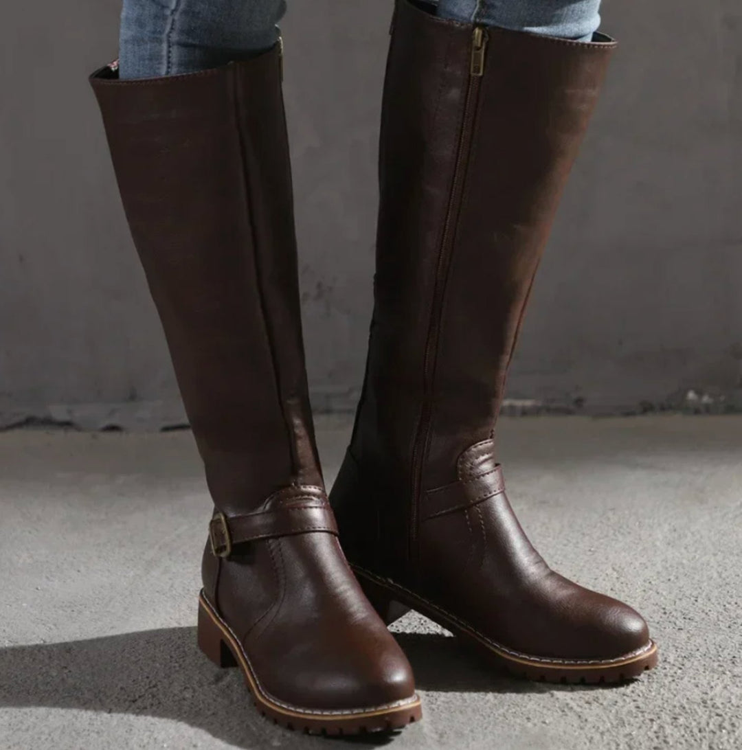 Women's Knee-High Buckle-Strap Riding Leather Boots - Dark Brown