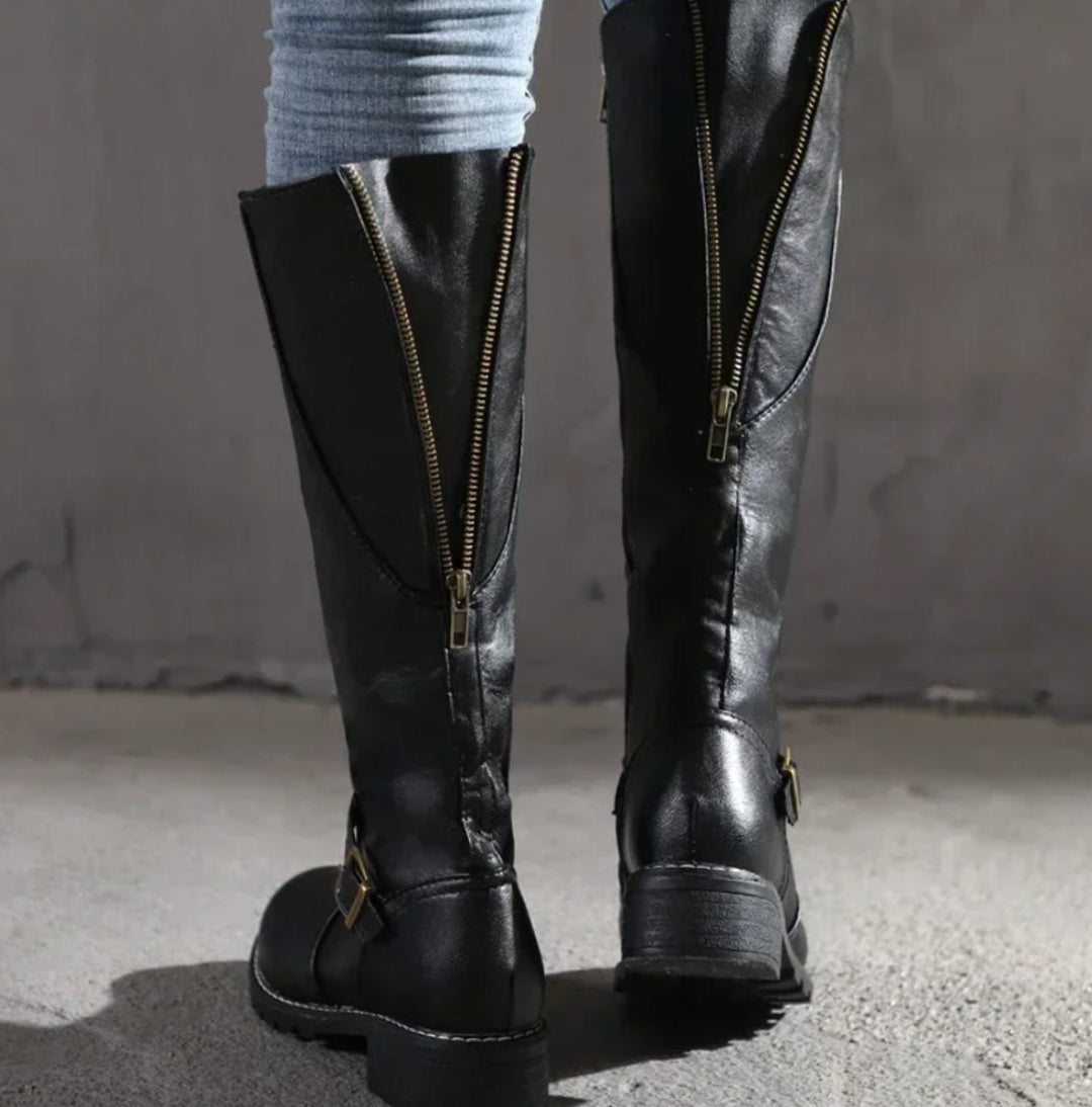 Women's Knee-High Buckle-Strap Riding Leather Boots - Black