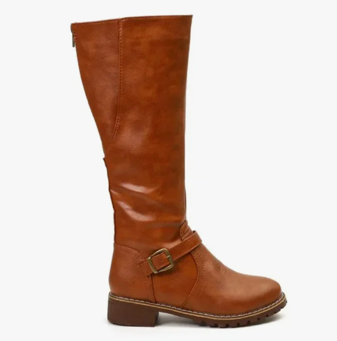 Women's Knee-High Buckle-Strap Riding Leather Boots