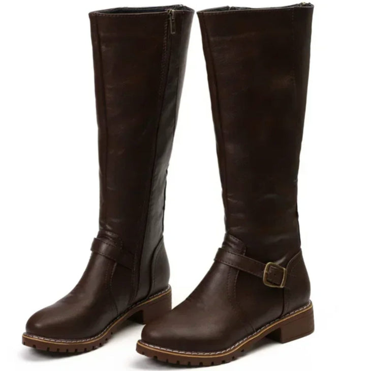 Women's Knee-High Buckle-Strap Riding Leather Boots