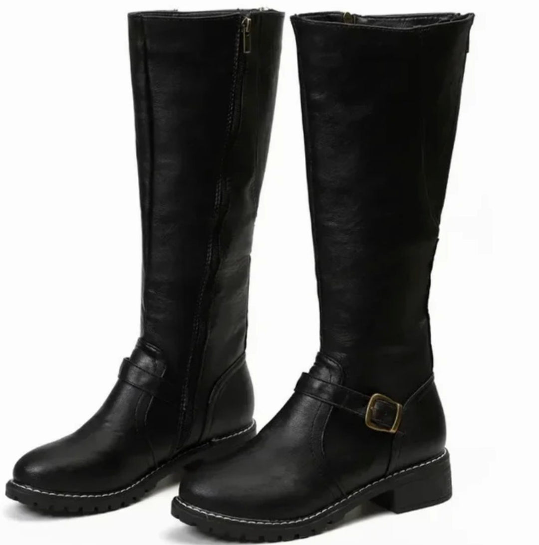 Women's Knee-High Buckle-Strap Riding Leather Boots