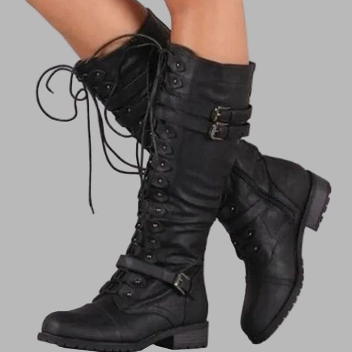 Women's Knee-High Lace-Up Buckle Combat Boots - Black