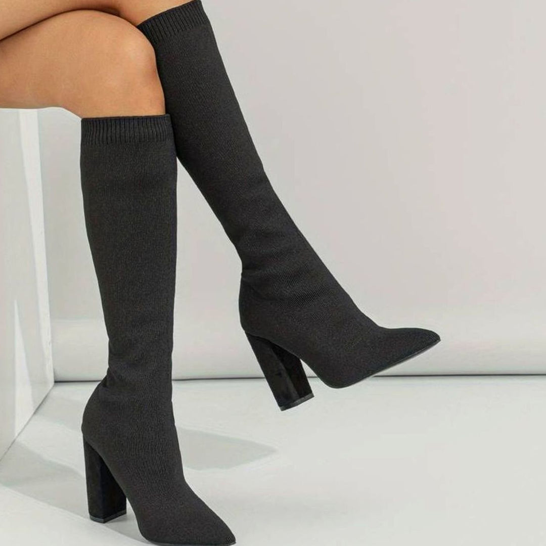 Women's Knitted Knee-High Sock Boots Block Heel - Black