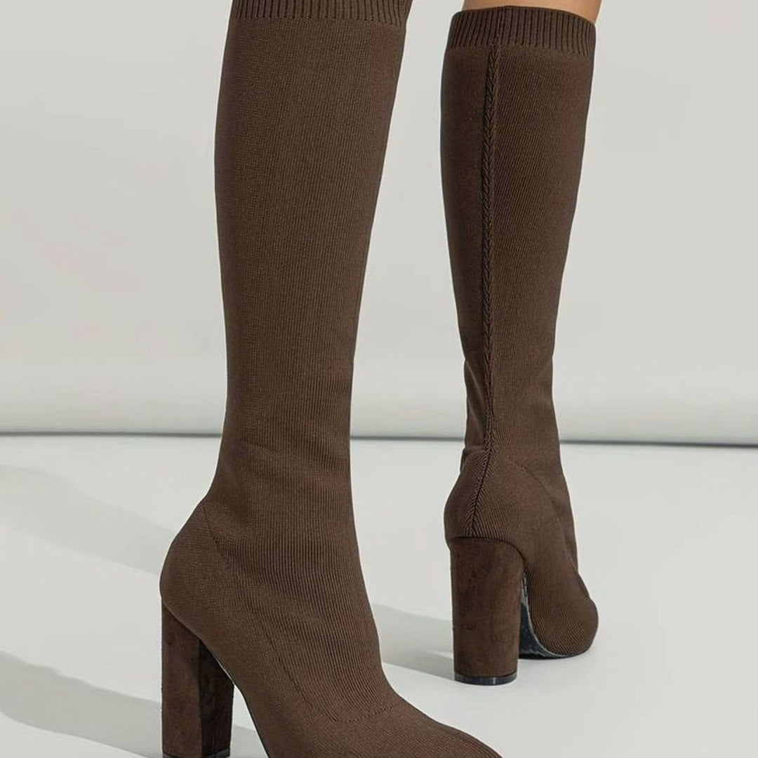 Women's Knitted Knee-High Sock Boots Block Heel