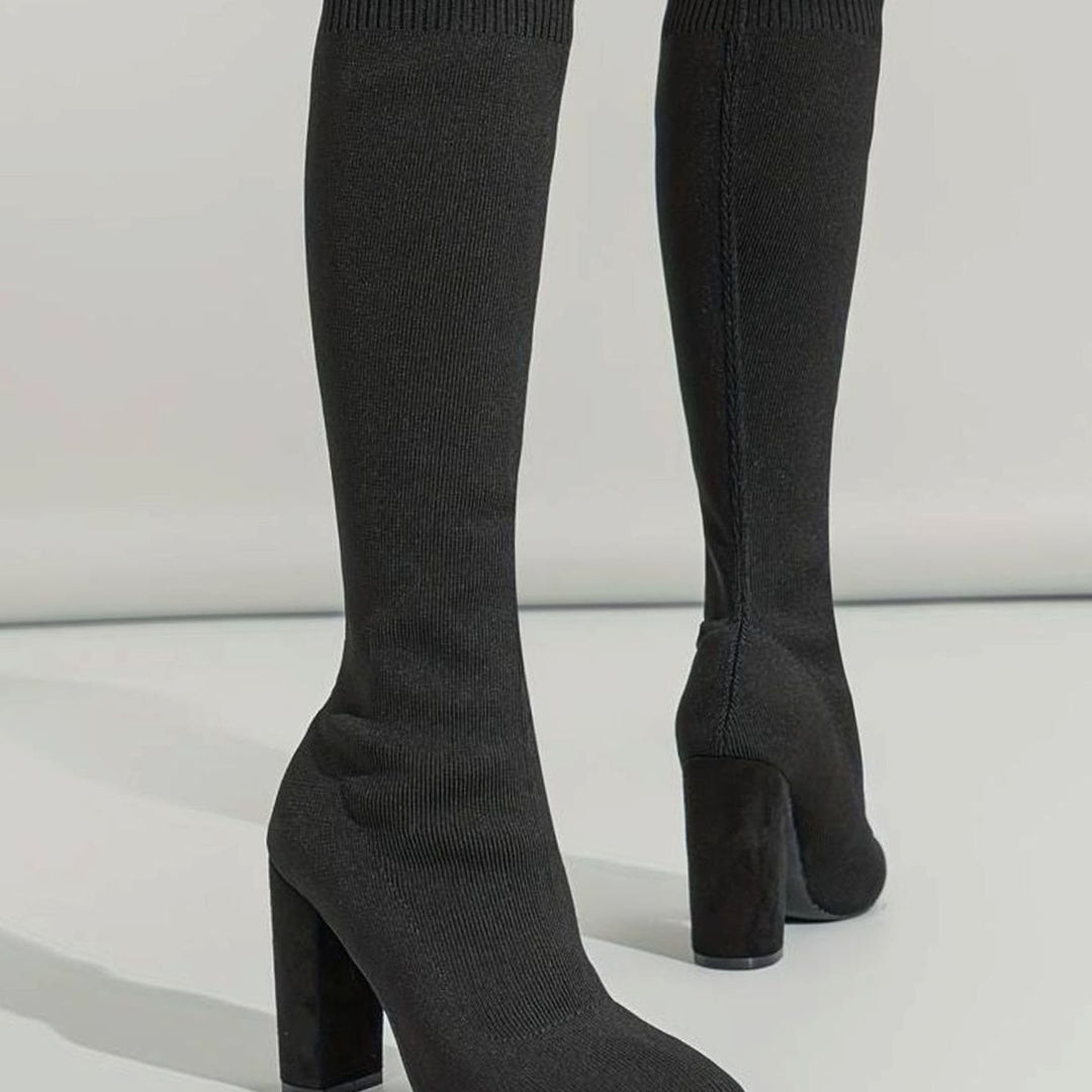 Women's Knitted Knee-High Sock Boots Block Heel