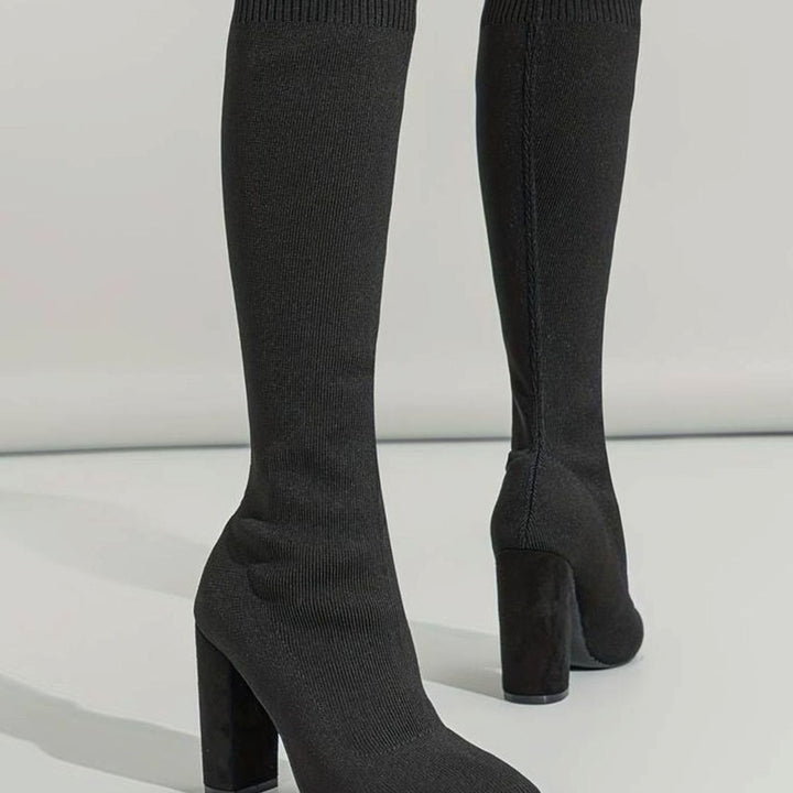 Women's Knitted Knee-High Sock Boots Block Heel