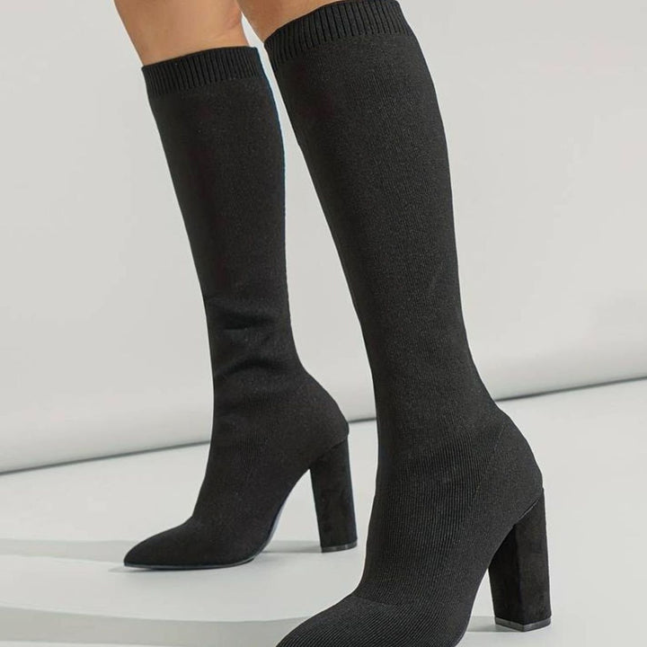 Women's Knitted Knee-High Sock Boots Block Heel
