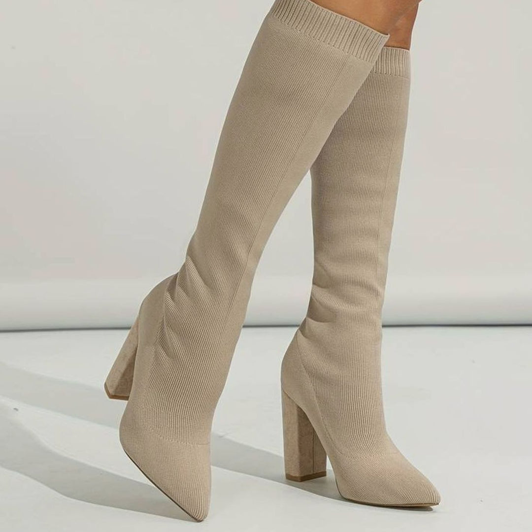 Women's Knitted Knee-High Sock Boots Block Heel