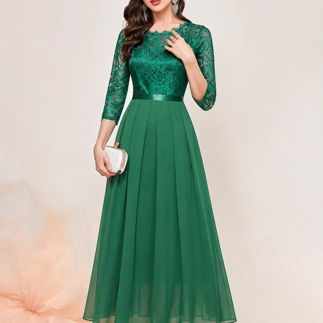 Women's Lace Bodice Pleated Maxi Formal Dresses 3/4 Sleeve - Green