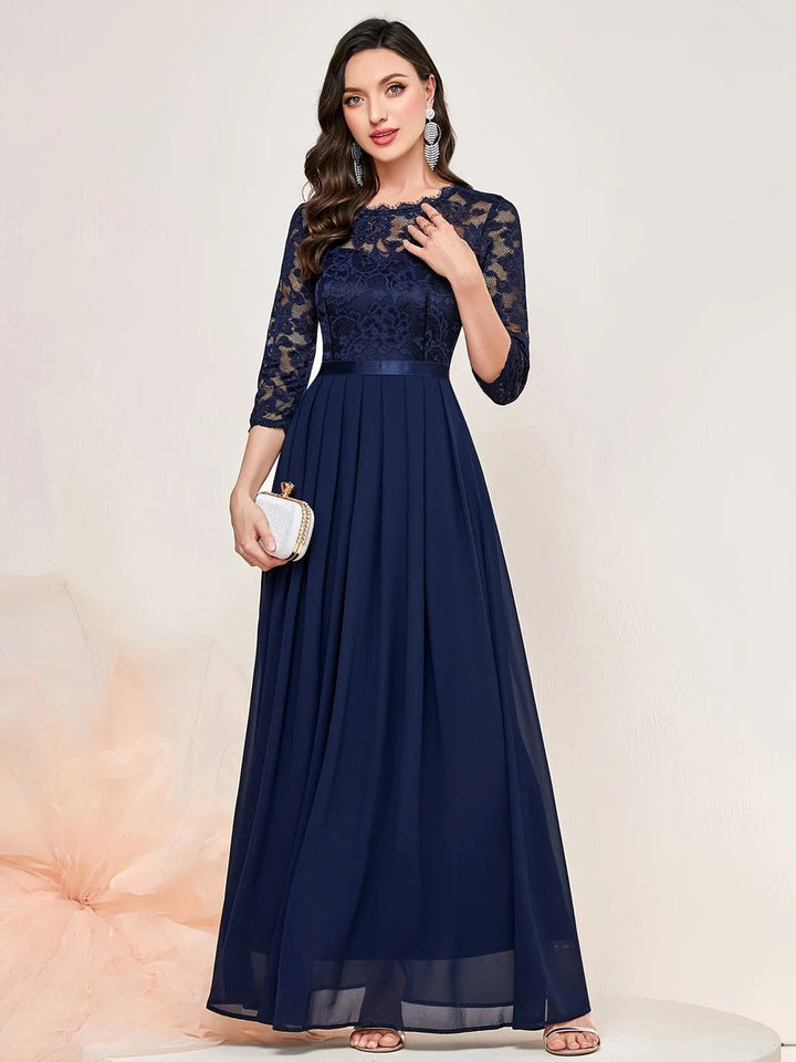 Women's Lace Bodice Pleated Maxi Formal Dresses 3/4 Sleeve
