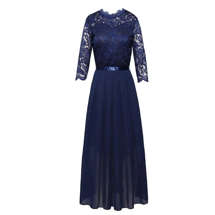 Women's Lace Bodice Pleated Maxi Formal Dresses 3/4 Sleeve