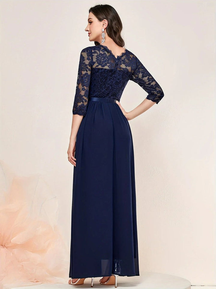 Women's Lace Bodice Pleated Maxi Formal Dresses 3/4 Sleeve