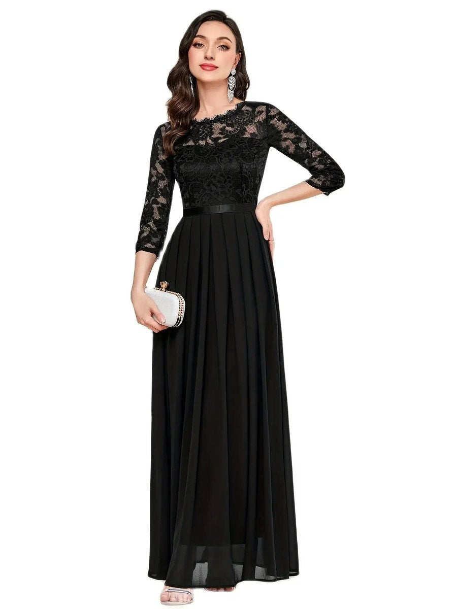 Women's Lace Bodice Pleated Maxi Formal Dresses 3/4 Sleeve