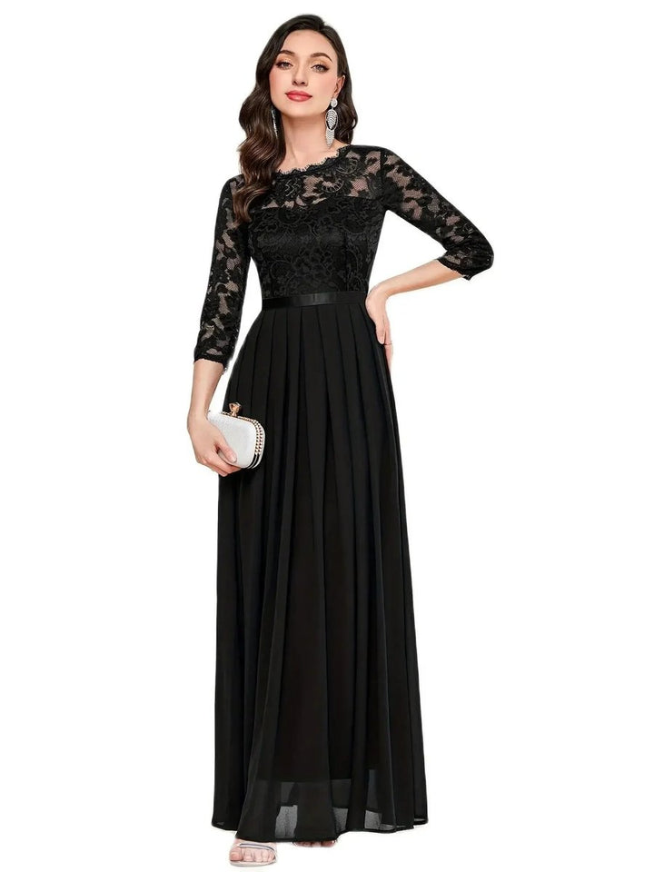 Women's Lace Bodice Pleated Maxi Formal Dresses 3/4 Sleeve