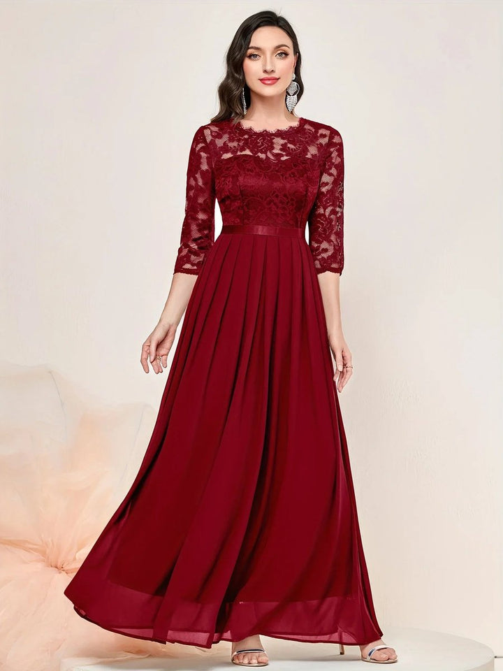 Women's Lace Bodice Pleated Maxi Formal Dresses 3/4 Sleeve