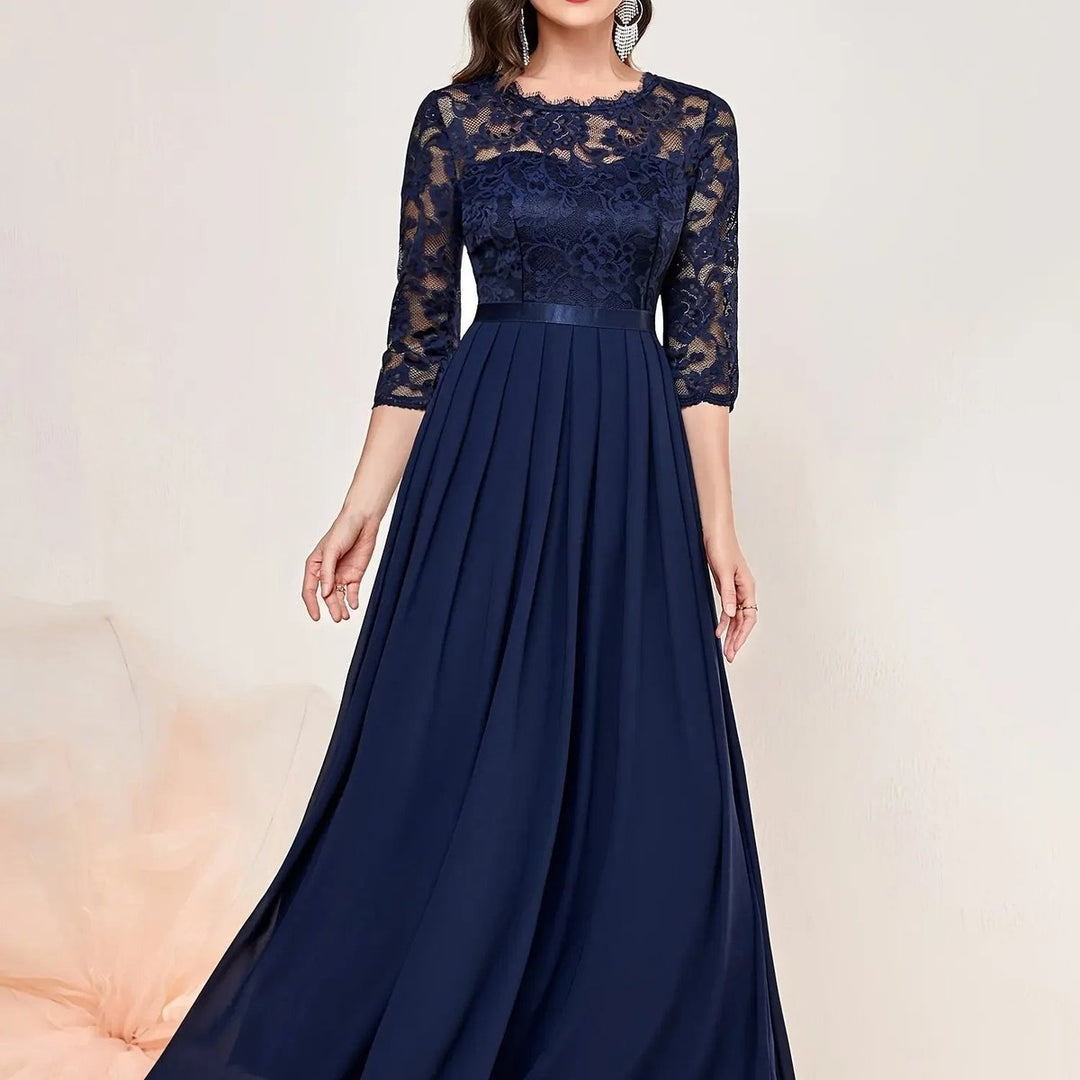 Women's Lace Bodice Pleated Maxi Formal Dresses 3/4 Sleeve - Blue