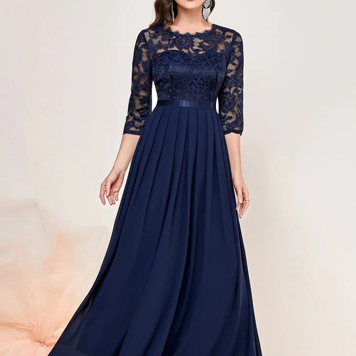 Women's Lace Bodice Pleated Maxi Formal Dresses 3/4 Sleeve - Blue