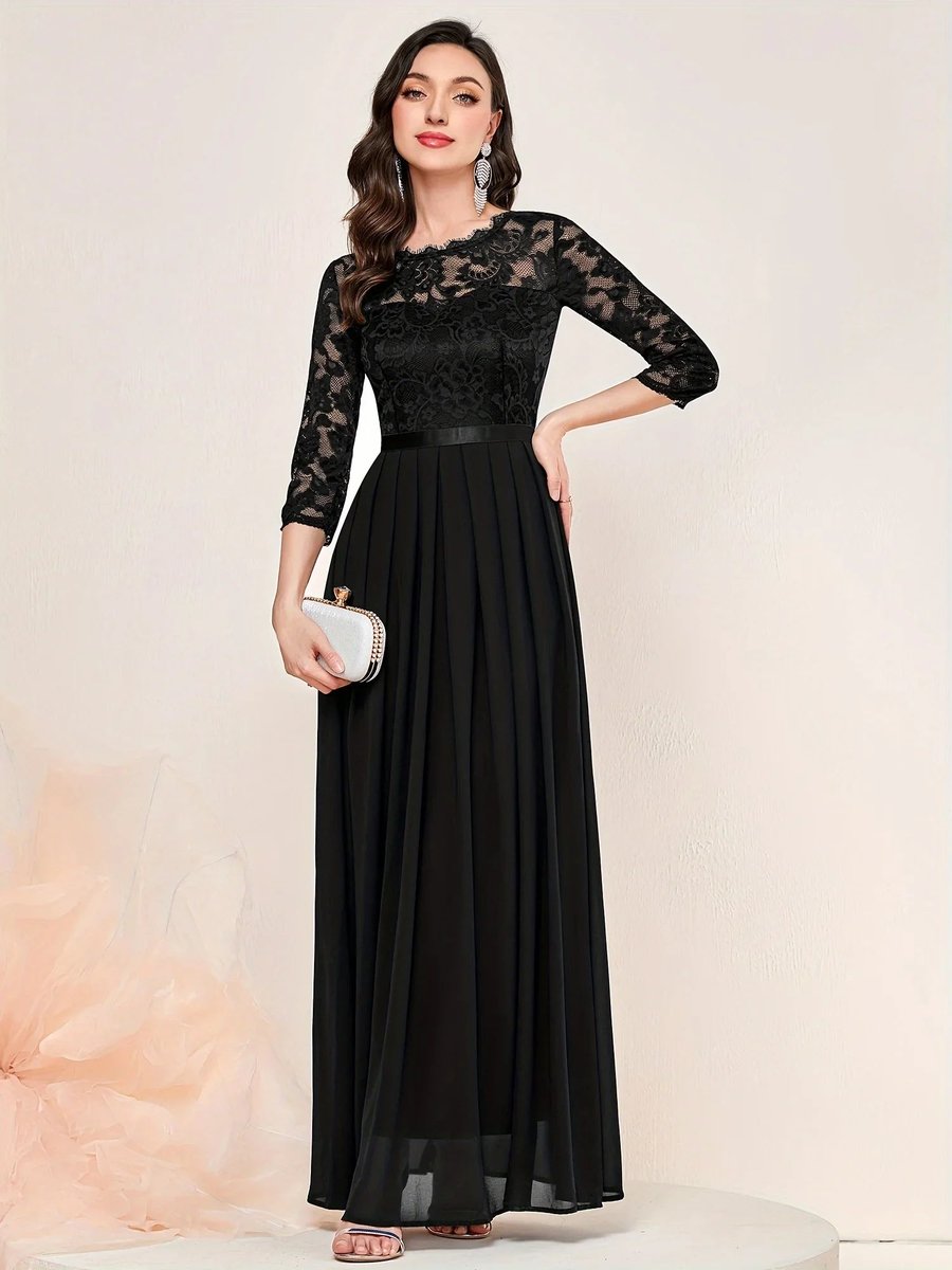 Women's Lace Bodice Pleated Maxi Formal Dresses 3/4 Sleeve - Black