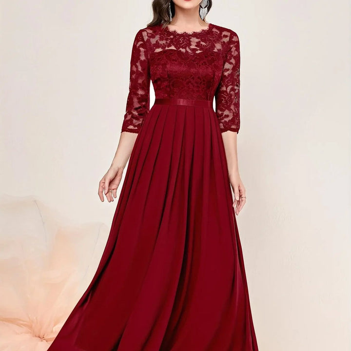 Women's Lace Bodice Pleated Maxi Formal Dresses 3/4 Sleeve - Red