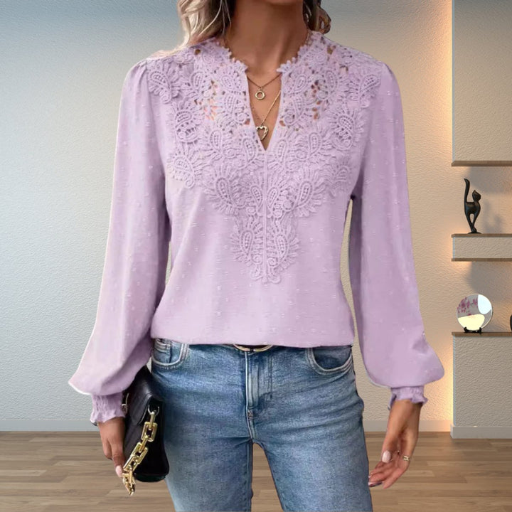 Women's Lace Bodice V-Neck Long Sleeve Blouse - Light Purple