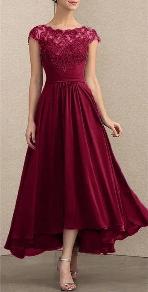 Women's Lace Chiffon Cap-Sleeve Formal Dresses Maxi A-Line - Burgundy