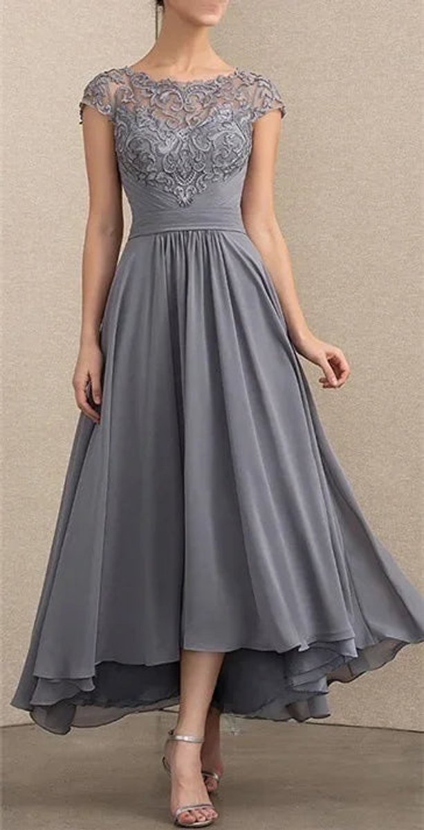 Women's Lace Chiffon Cap-Sleeve Formal Dresses Maxi A-Line - Grey
