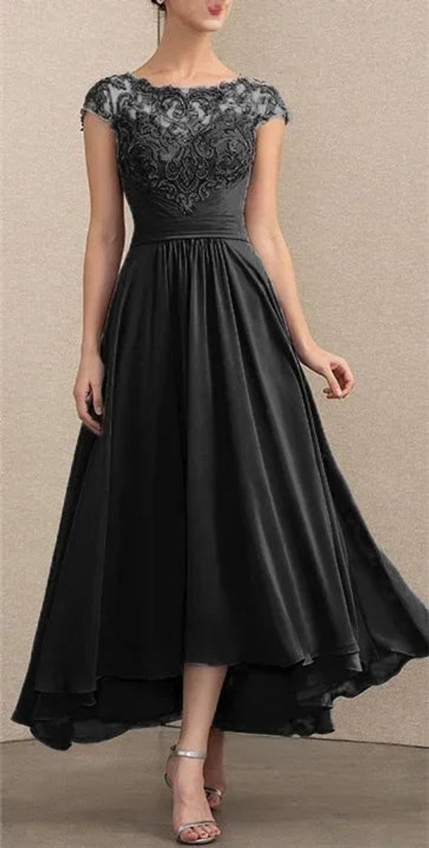 Women's Lace Chiffon Cap-Sleeve Formal Dresses Maxi A-Line - Black