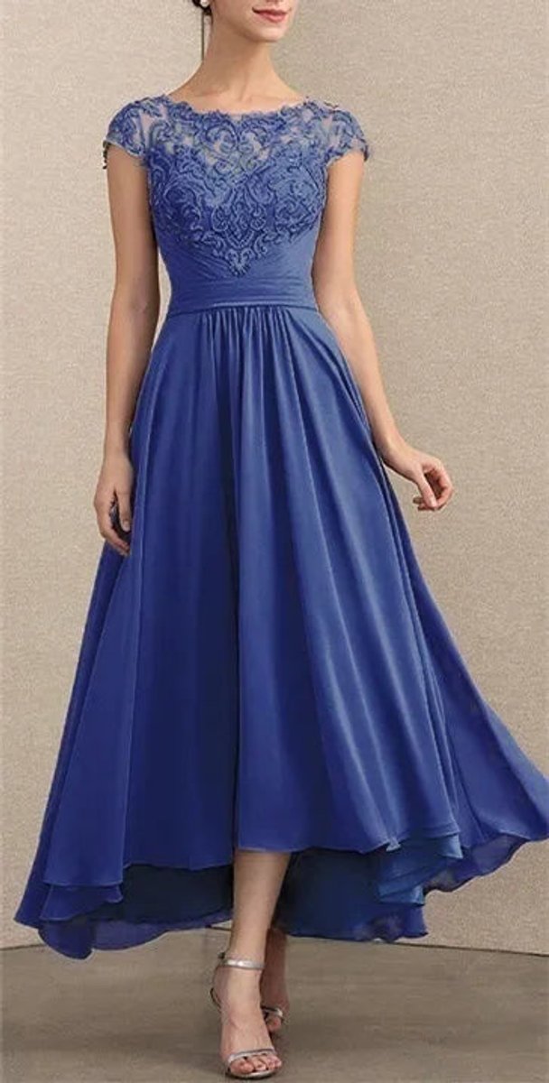 Women's Lace Chiffon Cap-Sleeve Formal Dresses Maxi A-Line - Blue