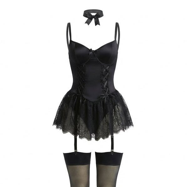 Women's Lace Ruffle Corset Bustier with Garter Straps - Black
