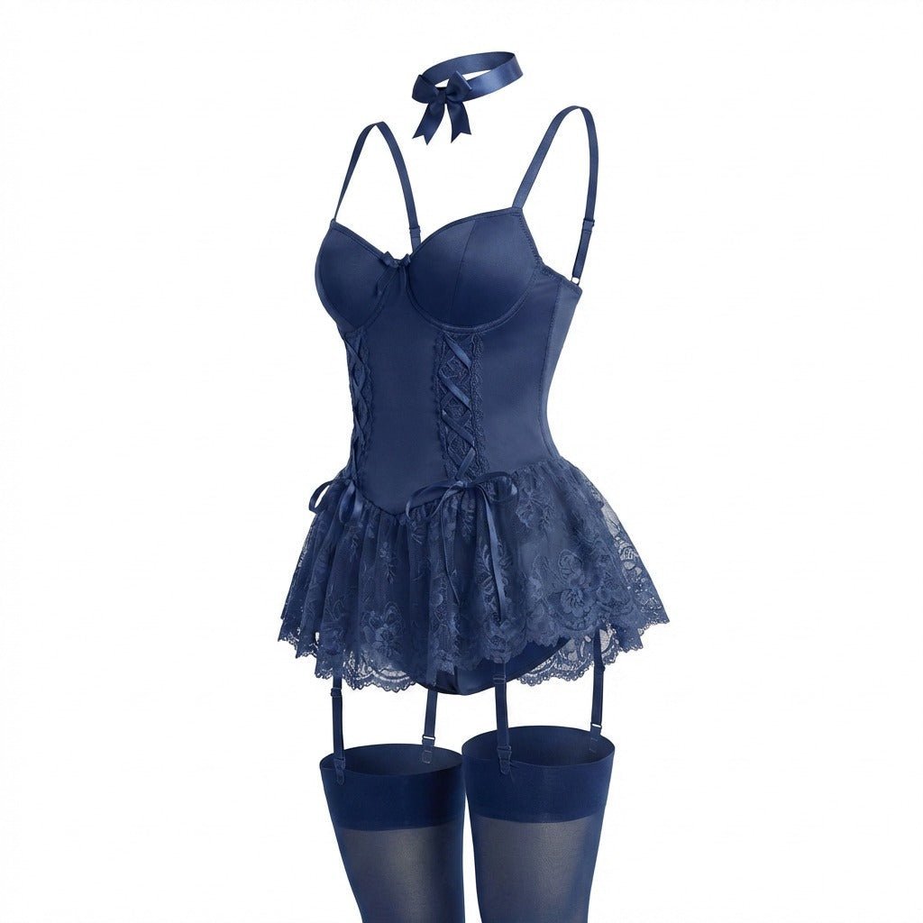 Women's Lace Ruffle Corset Bustier with Garter Straps - Navy