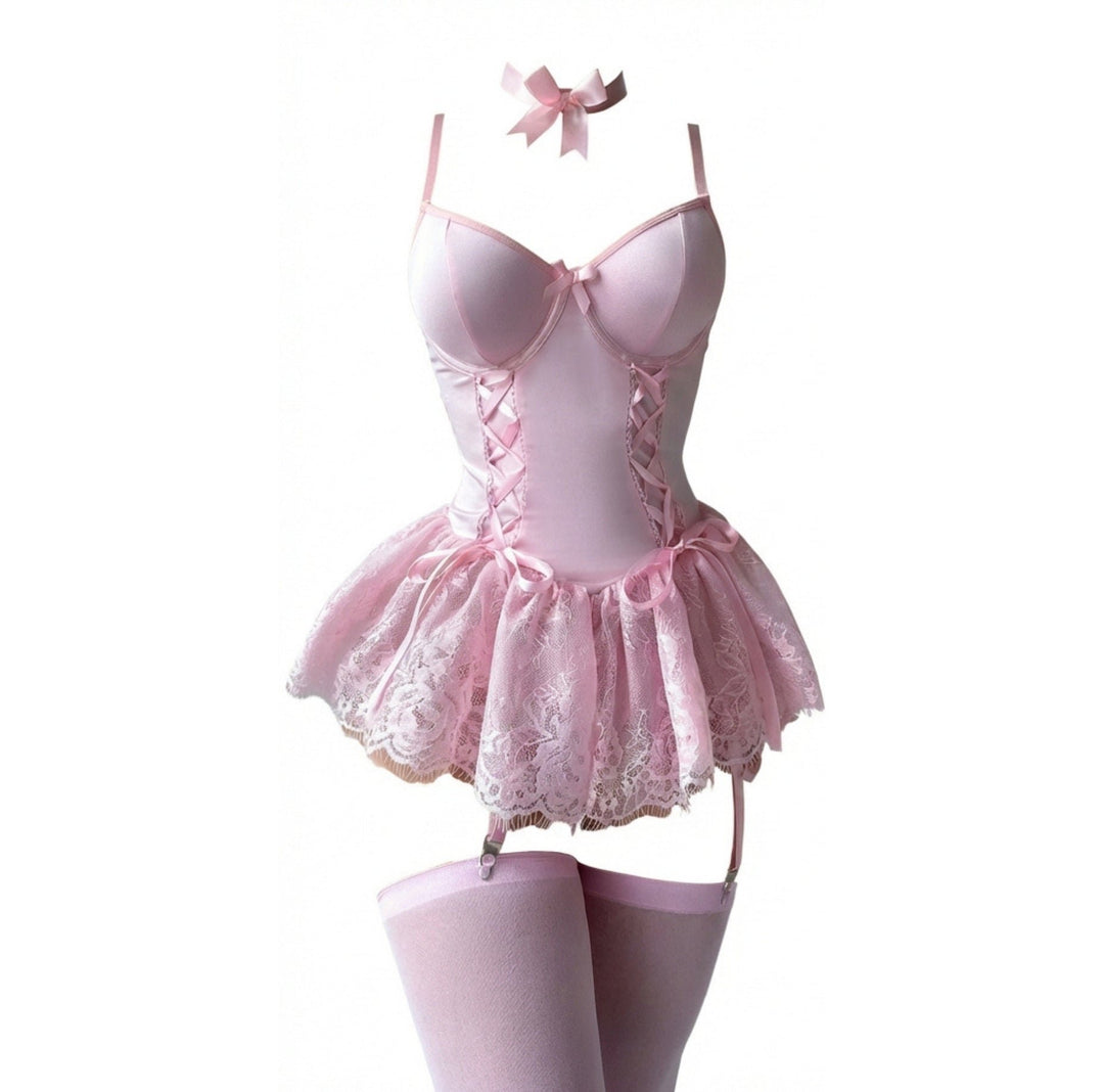 Women's Lace Ruffle Corset Bustier with Garter Straps - Pink