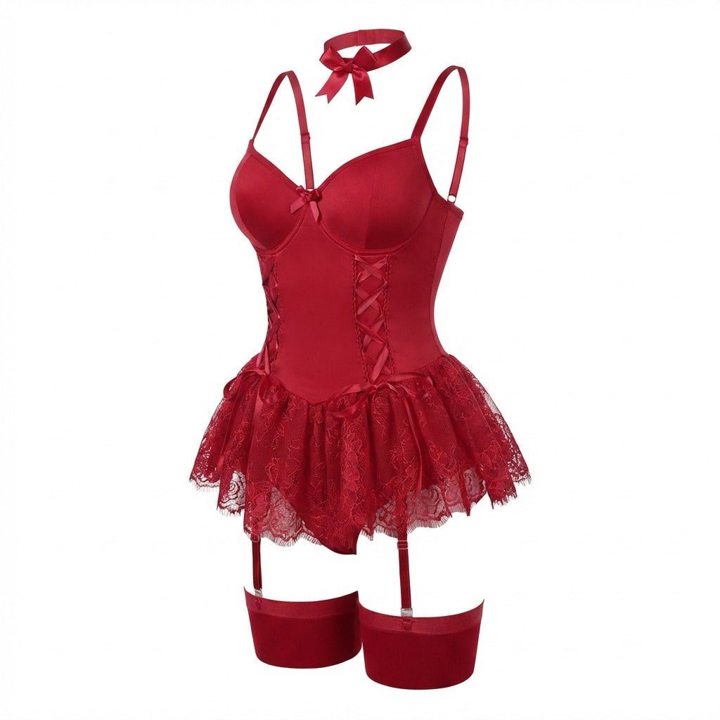 Women's Lace Ruffle Corset Bustier with Garter Straps - Burgundy