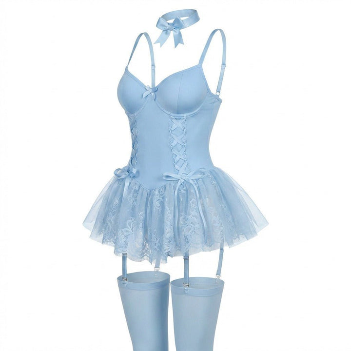 Women's Lace Ruffle Corset Bustier with Garter Straps - Baby Blue