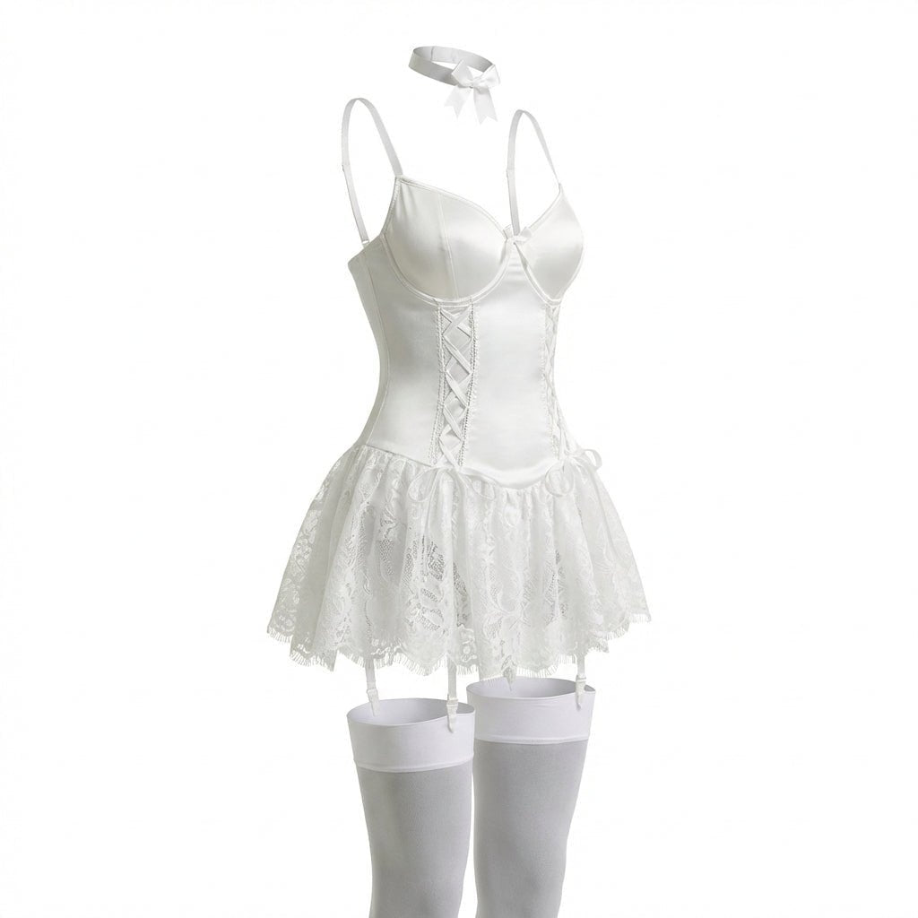 Women's Lace Ruffle Corset Bustier with Garter Straps - White