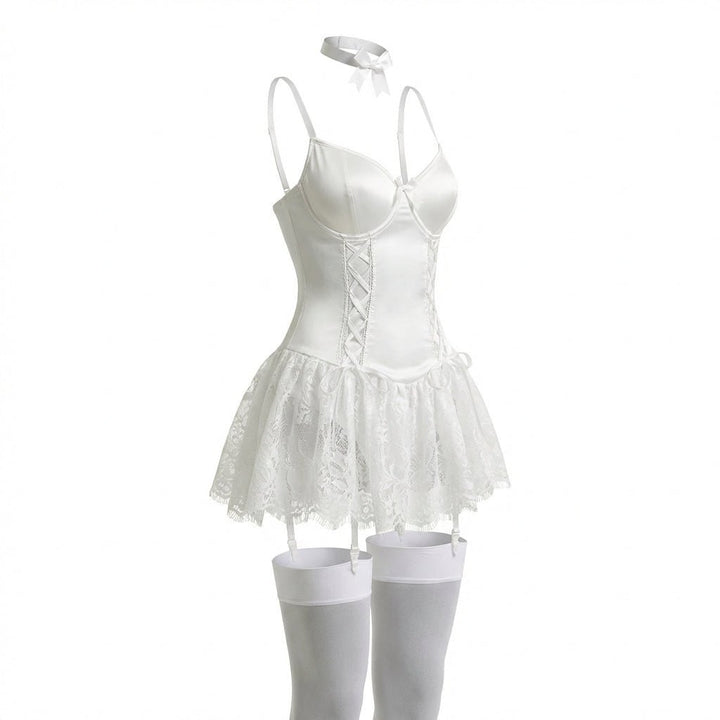 Women's Lace Ruffle Corset Bustier with Garter Straps - White